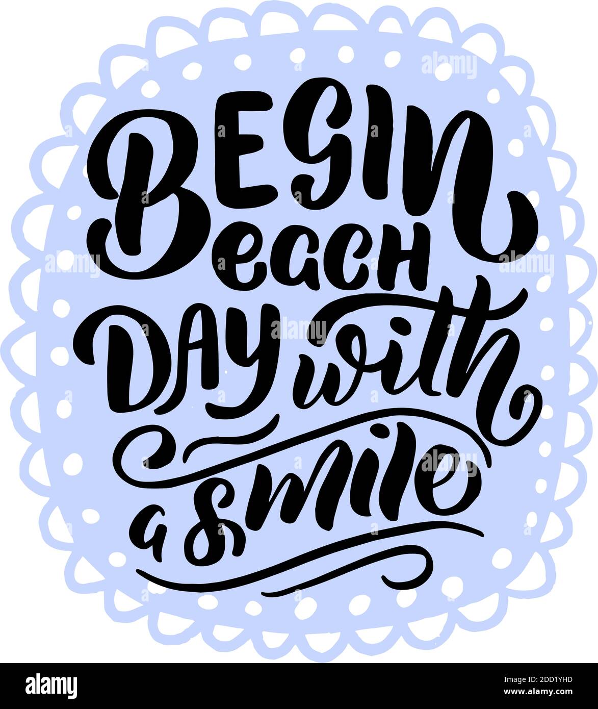 Iscrizione - inizia ogni giorno con un sorriso - lettere nere e cornice blu su sfondo bianco, grafica vettoriale. Per cartoline, poster, t-shirt Illustrazione Vettoriale
