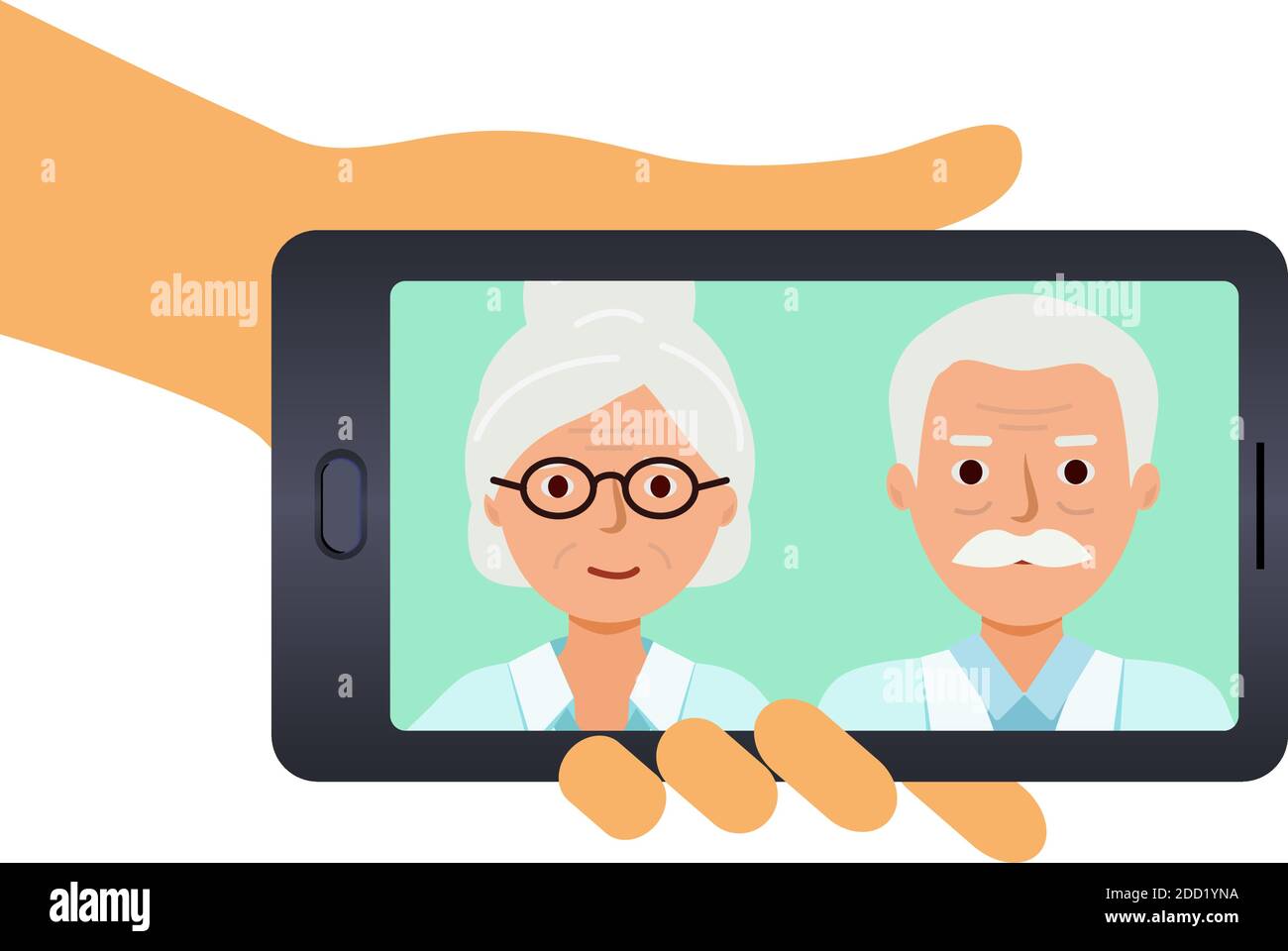 Foto di genitori anziani sul telefono. La mano che tiene il telefono con la foto. Illustrazione vettoriale, stile piatto. Illustrazione Vettoriale
