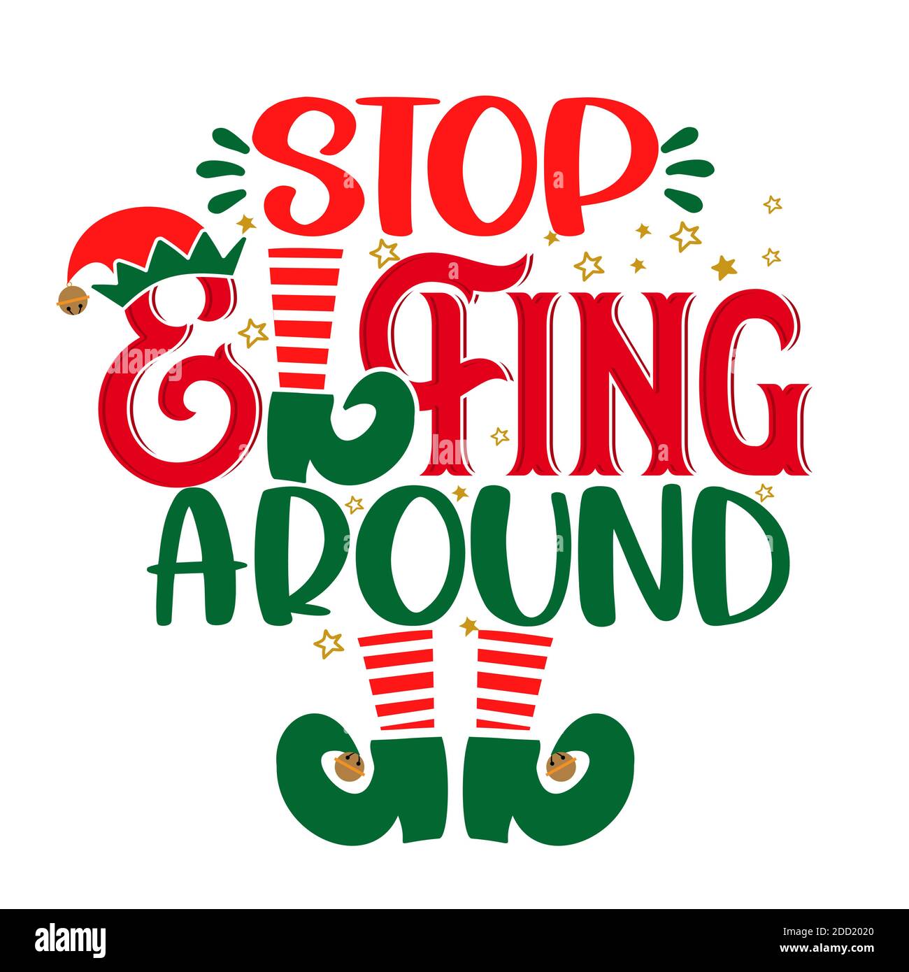 Stop Elfing Around (selfing intorno al pann) - frase per vestiti di Natale o brutto pullover. Lettere disegnate a mano per biglietti d'auguri natalizi, inviti. G Illustrazione Vettoriale