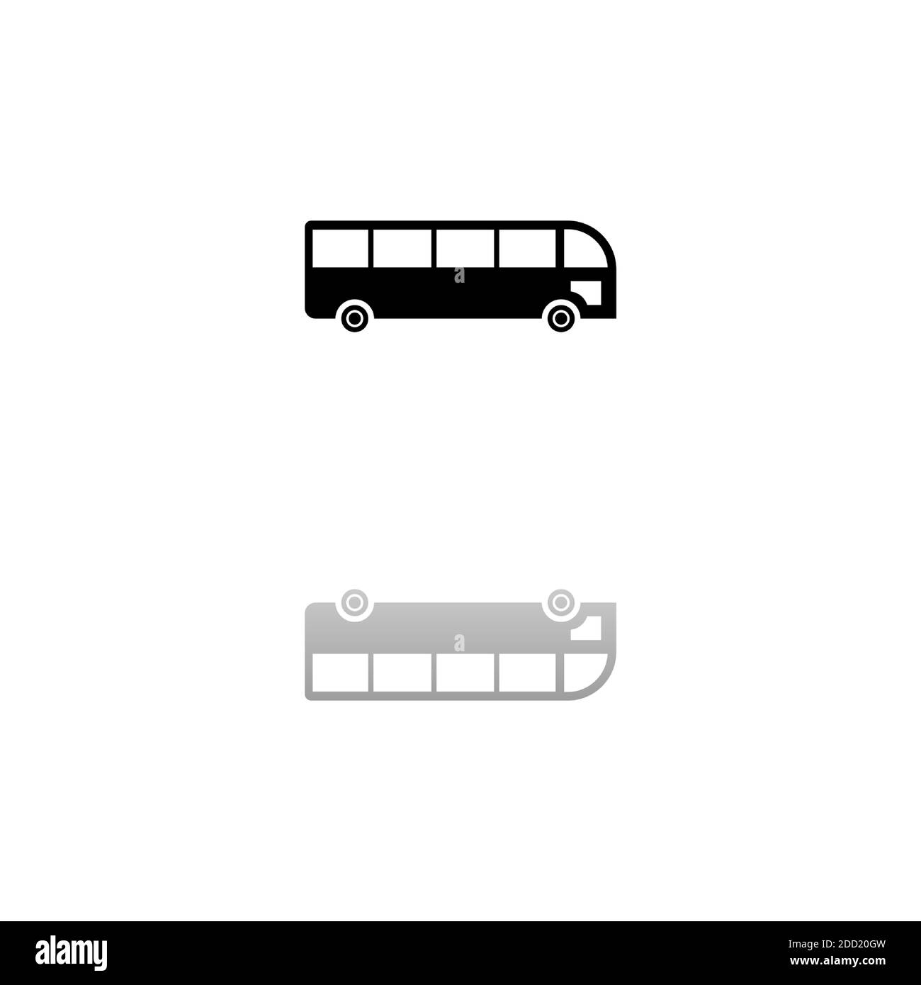 Bus. Simbolo nero su sfondo bianco. Illustrazione semplice. Icona vettore piatto. Specchia ombra di riflessione. Può essere utilizzato in logo, Web, mobile e UI UX pro Illustrazione Vettoriale