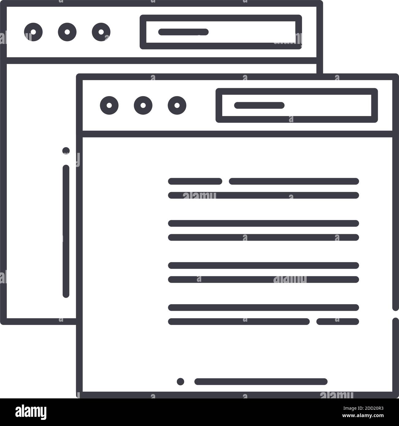 Icona del contenuto duplicata, illustrazione isolata lineare, vettore di linea sottile, segno di disegno web, simbolo del concetto di contorno con tratto modificabile su bianco Illustrazione Vettoriale