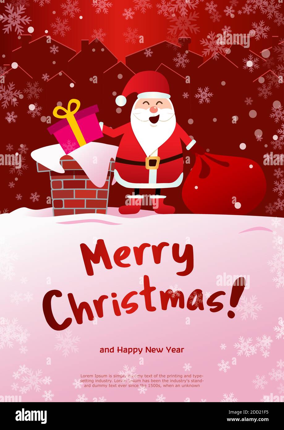Poster Buon Natale. Babbo Natale sul tetto con una borsa di regali, lancia un regalo nel camino. Sfondo rosso fiocchi di neve bianchi e invernali. Illustrazione Vettoriale