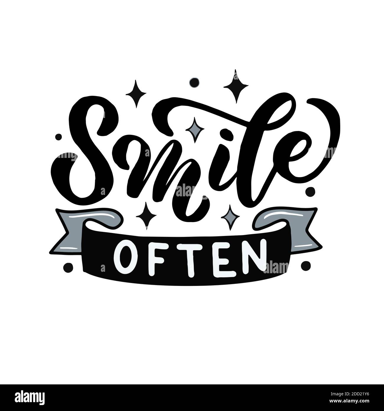 Immagine vettoriale con iscrizione - sorridi spesso - su sfondo bianco. Per la progettazione di cartoline, poster, striscioni, copertine per notebook, stampe per t Illustrazione Vettoriale
