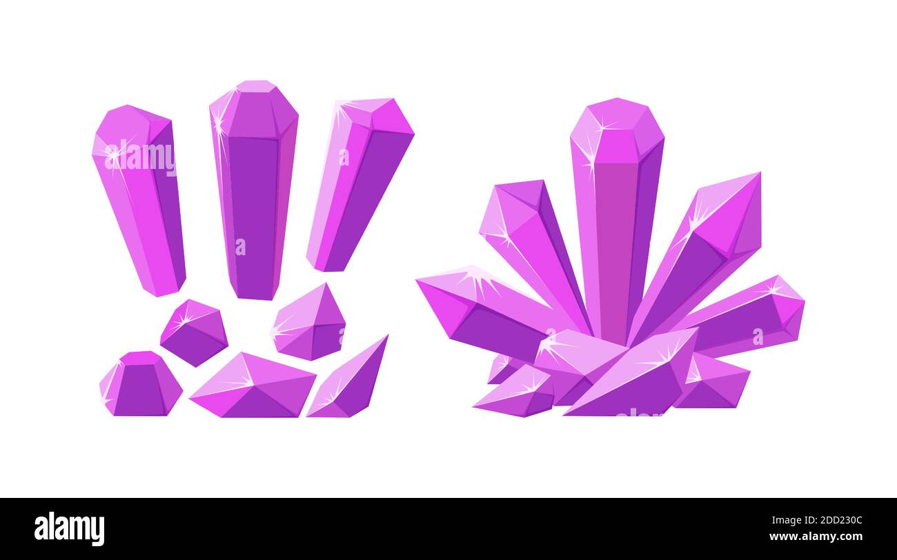 Cristalli e gemme di forme diverse. Set di stalagmite rosa, cristalli e pezzi di roccia ametista. Illustrazione vettoriale in stile cartoon Illustrazione Vettoriale