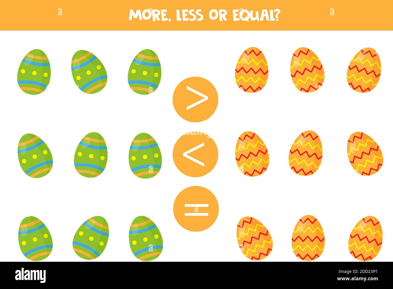 Più, meno o uguale gioco con uova di Pasqua. Gioco di matematica per bambini. Illustrazione Vettoriale