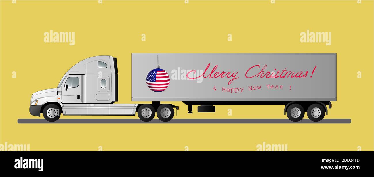 Un autocarro semirimorchio americano trasporta regali per Natale e Capodanno. Illustrazione vettoriale Illustrazione Vettoriale