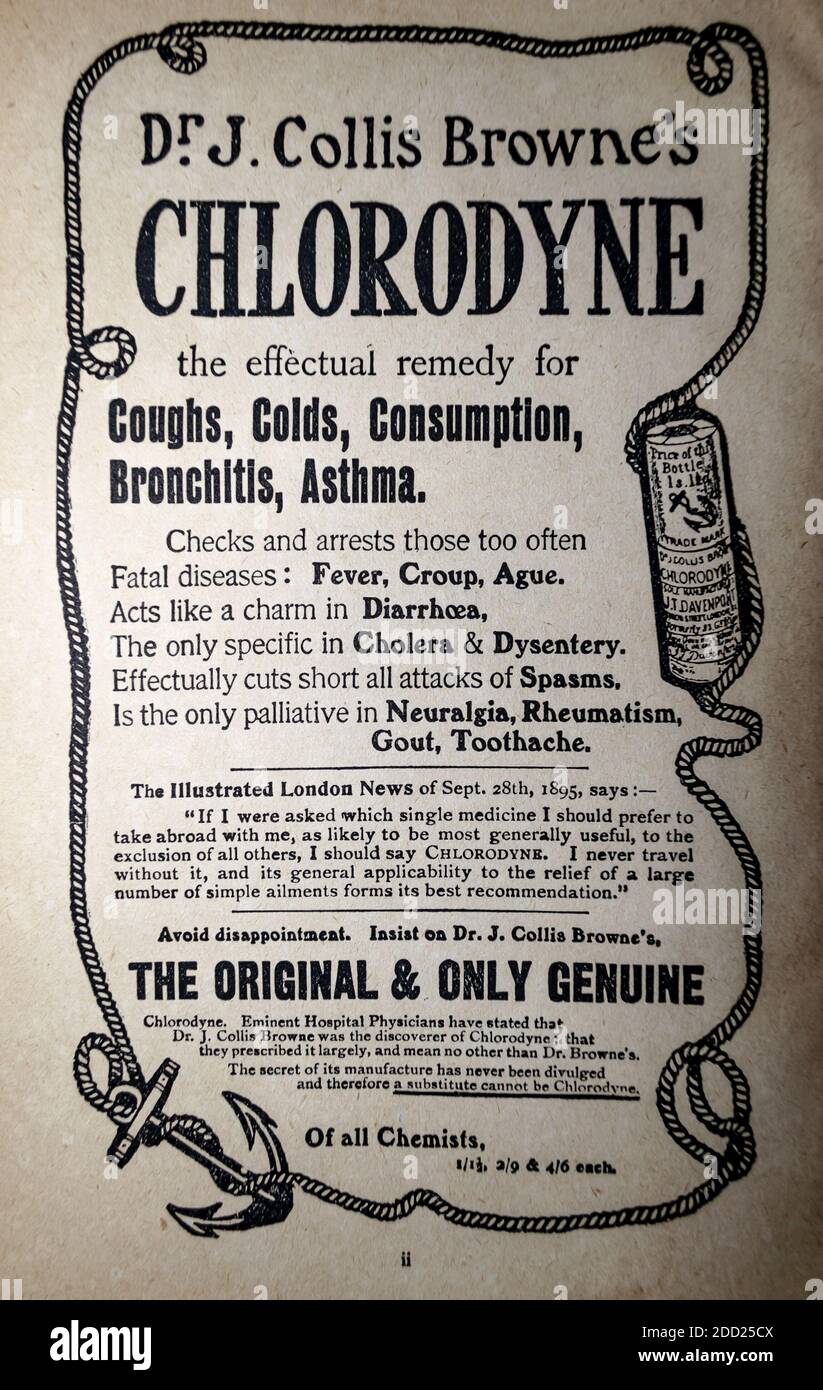 Dr J Collis Browne's Chlorodyne vintage pubblicità circa 1905 Foto Stock
