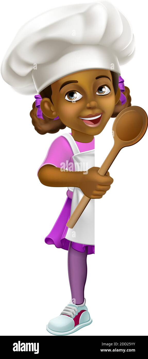 Black Girl Cartoon Chef Chef Kid Sign Illustrazione Vettoriale