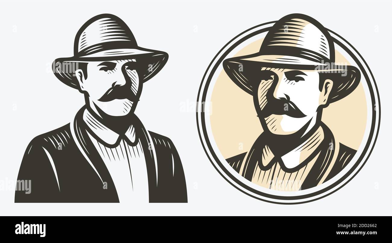Schizzo verticale dell'agricoltore. Agricoltura, simbolo dell'azienda agricola vintage illustrazione vettoriale Illustrazione Vettoriale