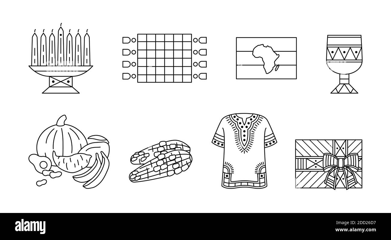 Kwanzaa - insieme di icone di contorno. Simboli tradizionali dell'unità afro-americana. Kinara, Mkeka Mat, Kikombe Cha Umoja, Dashiki shirt, kente confezione regalo Illustrazione Vettoriale
