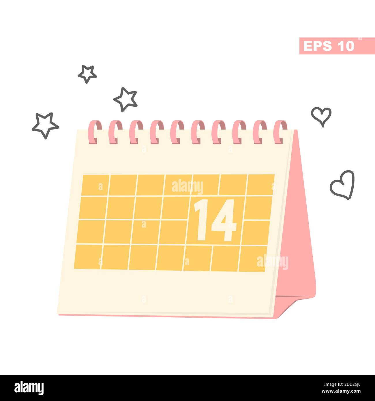 Calendario da tavolo con data evidenziata - 14. Concetto per il giorno o l'anniversario di San Valentino. Immagine piatta vettoriale isolata su sfondo bianco. Pink-yell Illustrazione Vettoriale