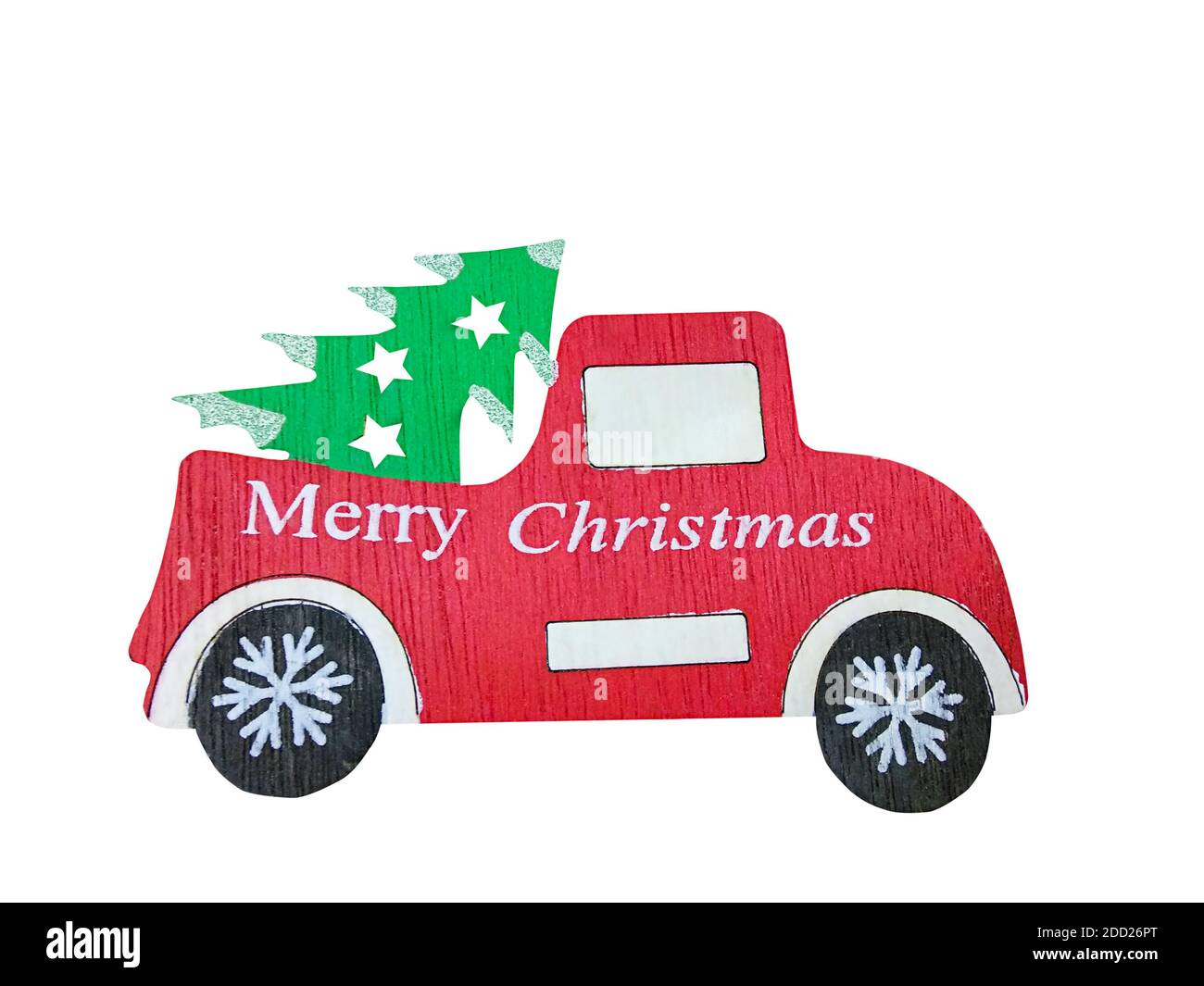 Un'auto rossa con albero di natale, Merry christmas isolato su uno sfondo bianco Foto Stock