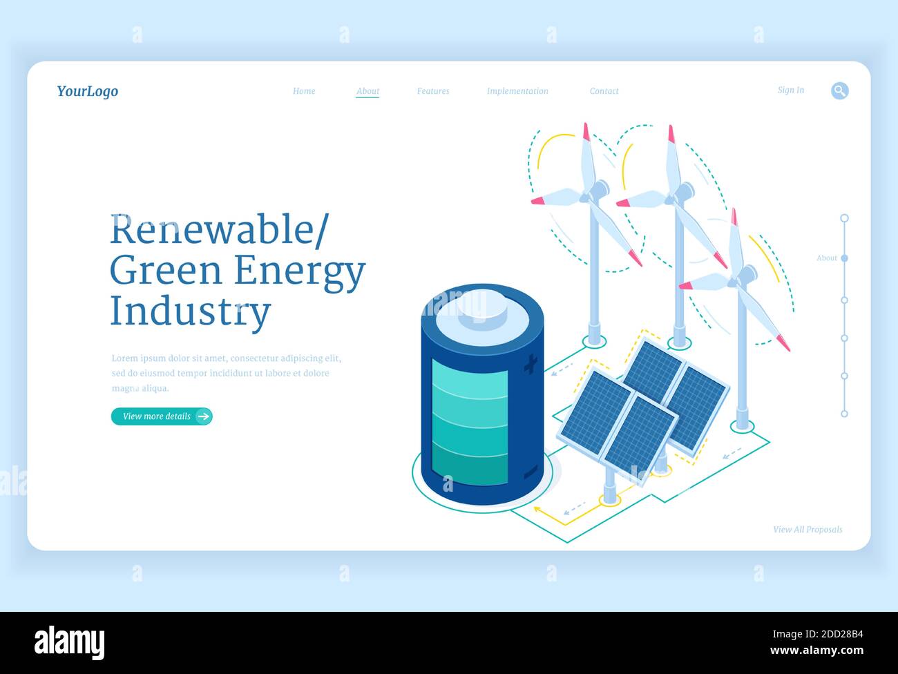 Landing page isometrica dell'industria dell'energia verde rinnovabile. Concetto di sviluppo sostenibile con turbine eoliche, pannelli solari e batteria, protezione dell'ambiente, conservazione 3d vetector banner web Illustrazione Vettoriale