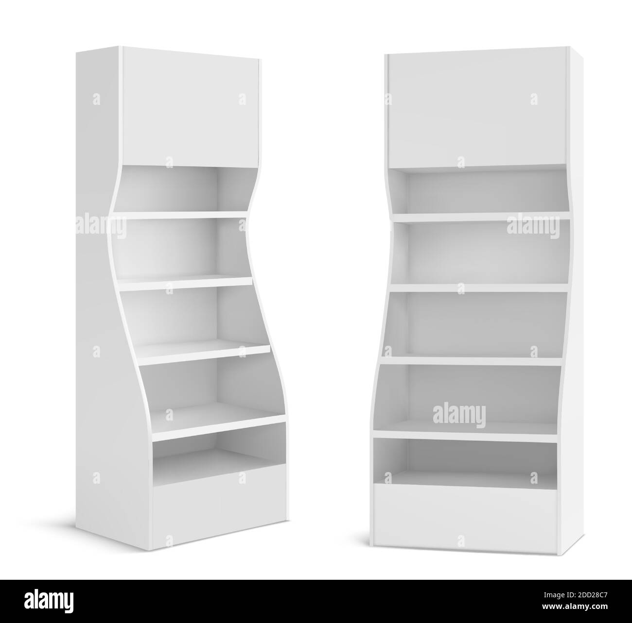 Supporto per display POS bianco per prodotti da supermercato. Negozio e negozio mockup rack promozione vuoto con scaffali vuoti, esposizione portatile vetrina retail isolato su sfondo bianco vettore 3d realistico Illustrazione Vettoriale