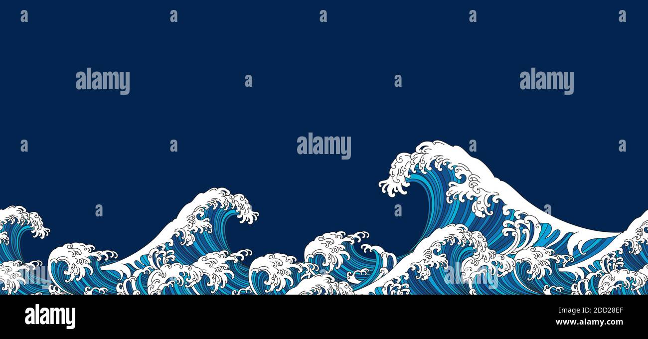 Japan Wave Oriental design sfondo senza cuciture. Illustrazione vettoriale isolata su sfondo blu. Illustrazione Vettoriale