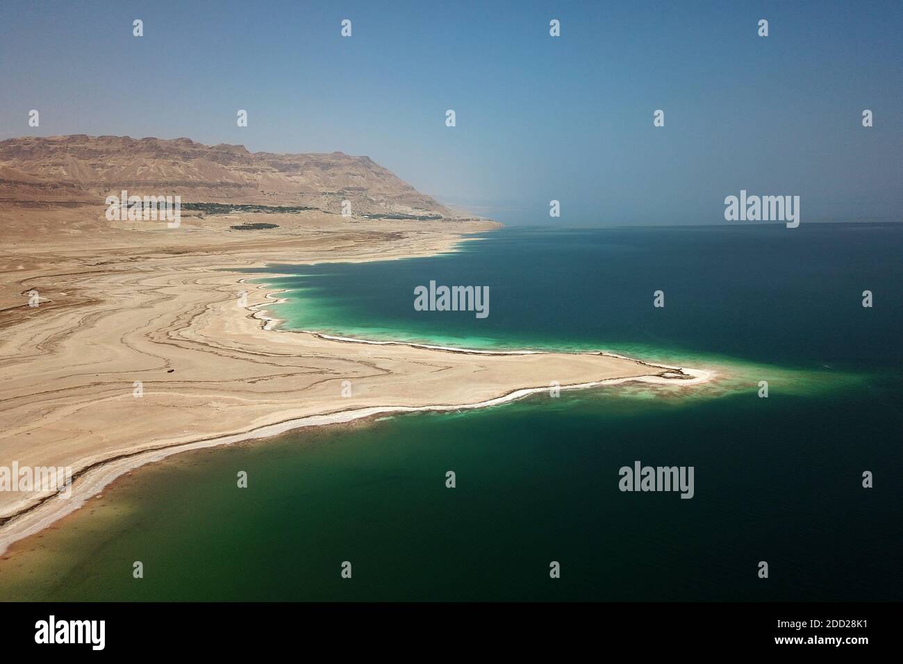 Vista aerea delle coste occidentali del Mar Morto nelle vicinanze di Ein Gedi, Israele. Foto Stock
