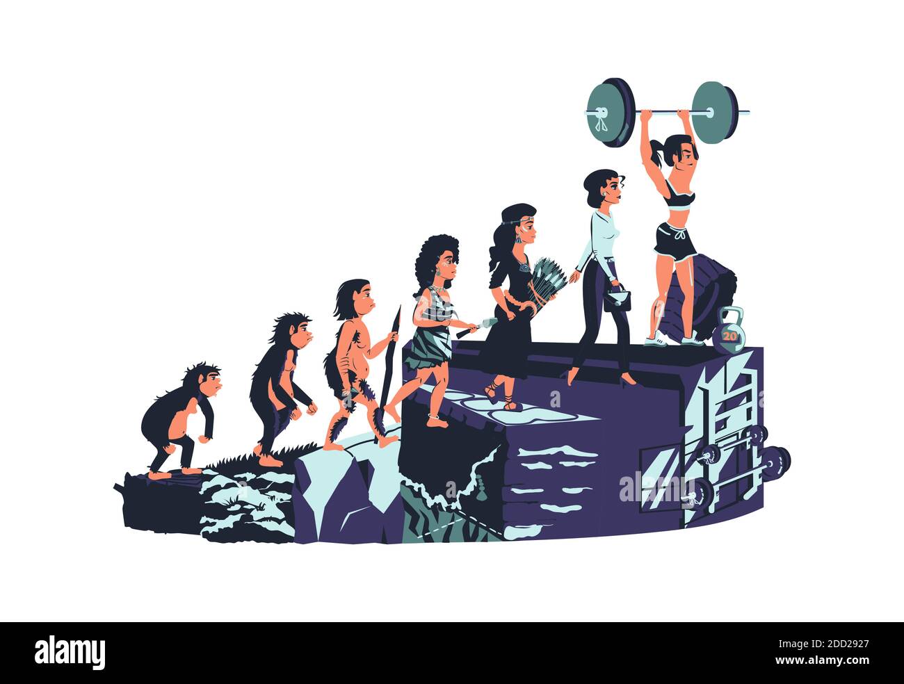 Donna evoluzione linea temporale vettore illustrazione cartone animato concetto sviluppo femminile processo da scimmia, erectus primate, Stone Age, contadino a moderna moda donna e fitness ragazza con barbell Illustrazione Vettoriale