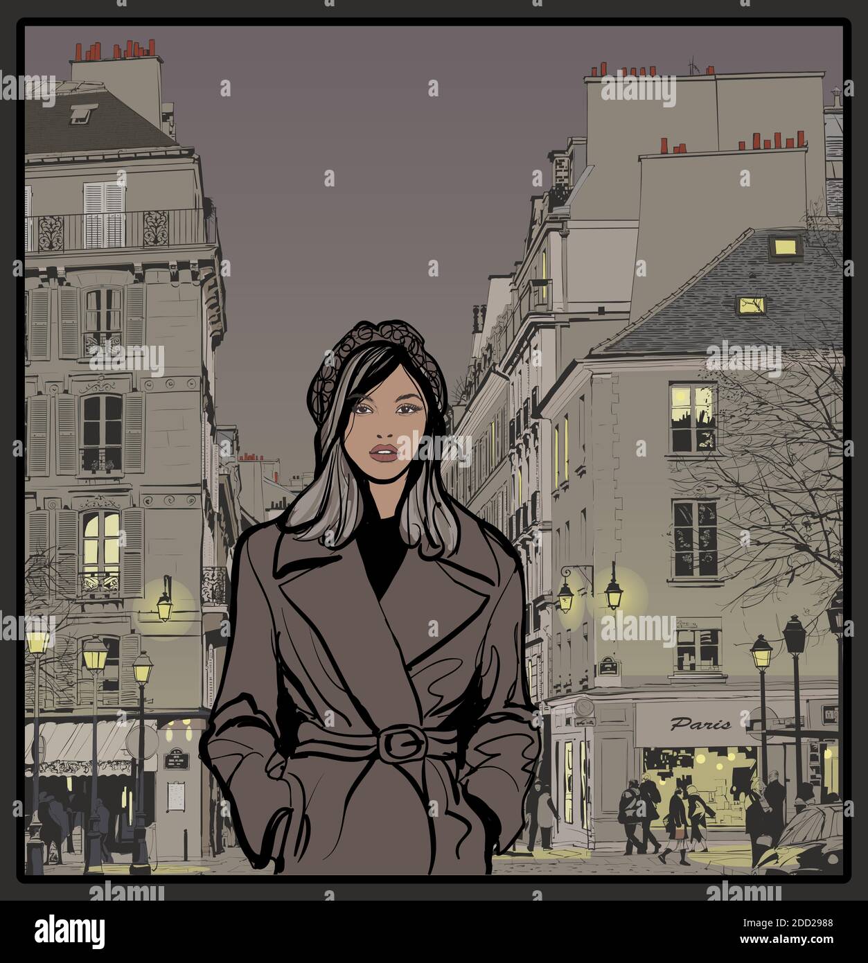 Donna che cammina in una strada a Parigi di notte - illustrazione vettoriale Illustrazione Vettoriale