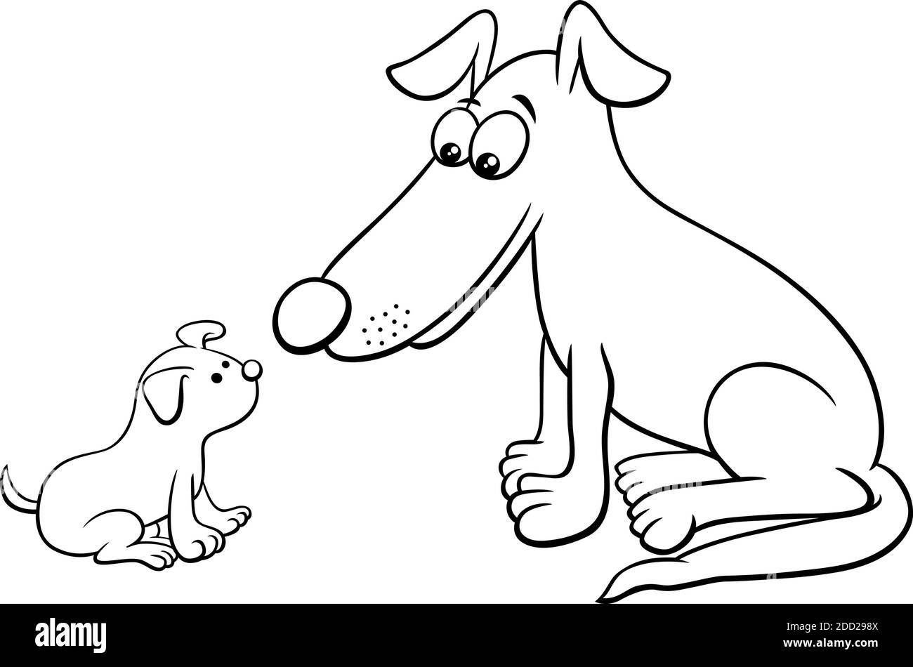 Cartoni animati in bianco e nero illustrazione di piccolo cucciolo e cane pagina del libro di colorare i caratteri dell'animale comic Illustrazione Vettoriale