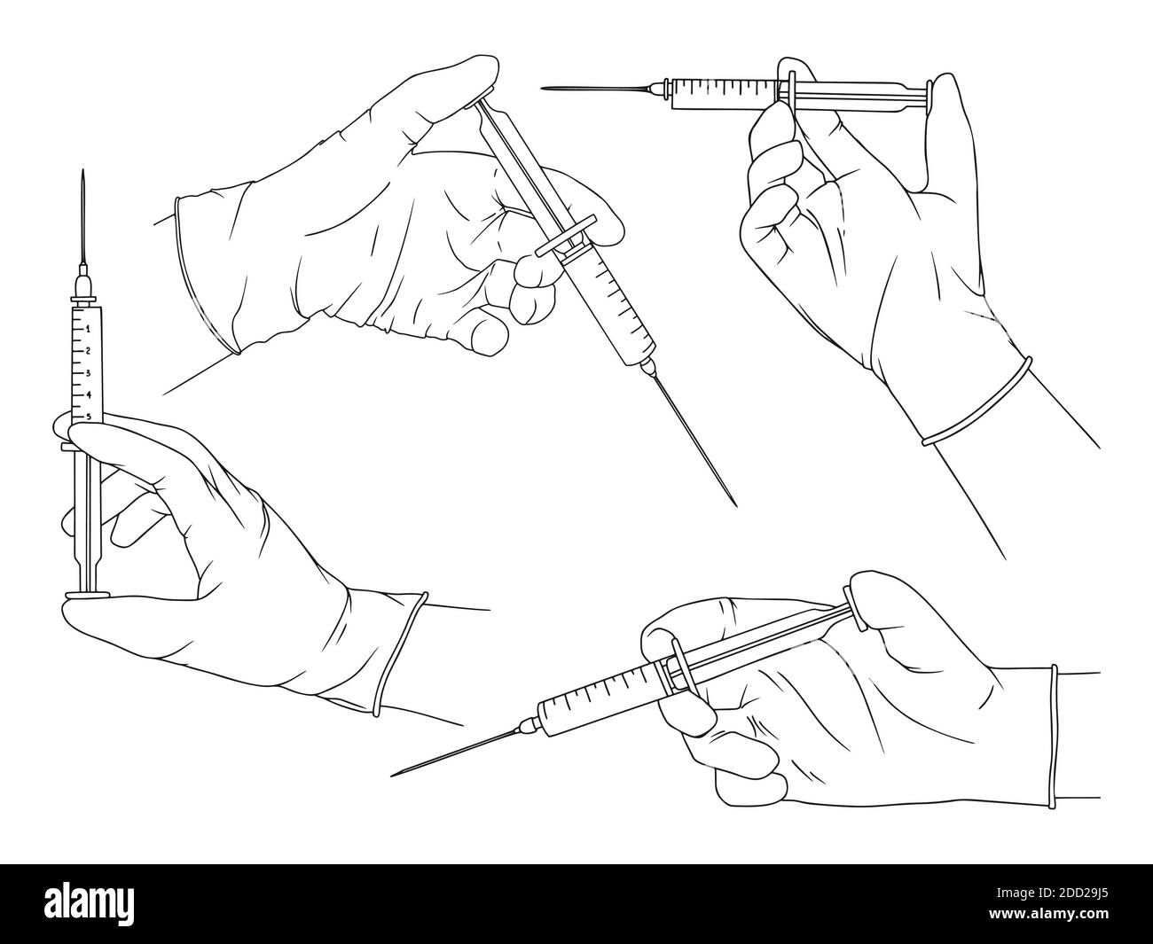 Il medico o lo scienziato mani in guanti di lattice. Mani in guanti sterili che tengono la siringa. Illustrazione vettoriale nello stile di schizzo. Illustrazione Vettoriale