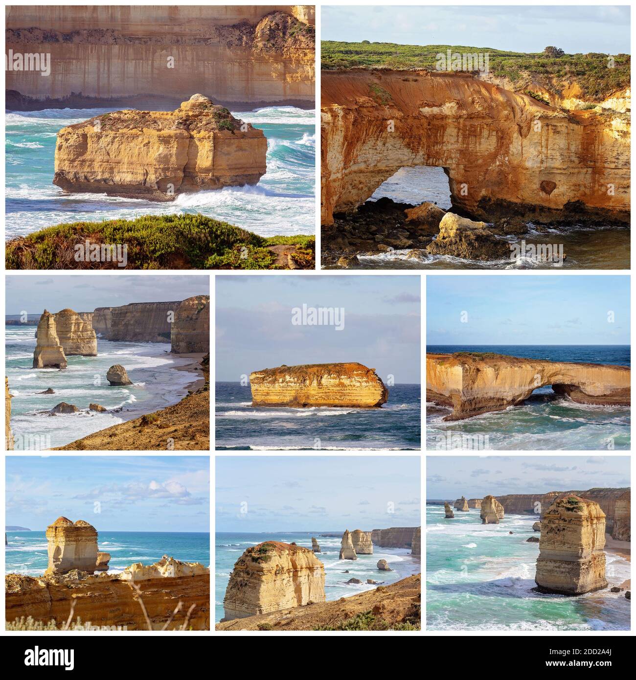 Collage della splendida costa vittoriana della Great Ocean Road, una famosa destinazione turistica Foto Stock