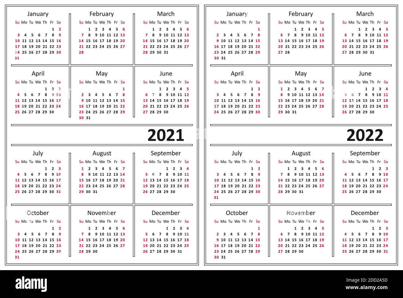 Modello di un calendario di colore bianco. Un calendario per il 2021 e il 2022. La settimana inizia la domenica. Illustrazione Vettoriale