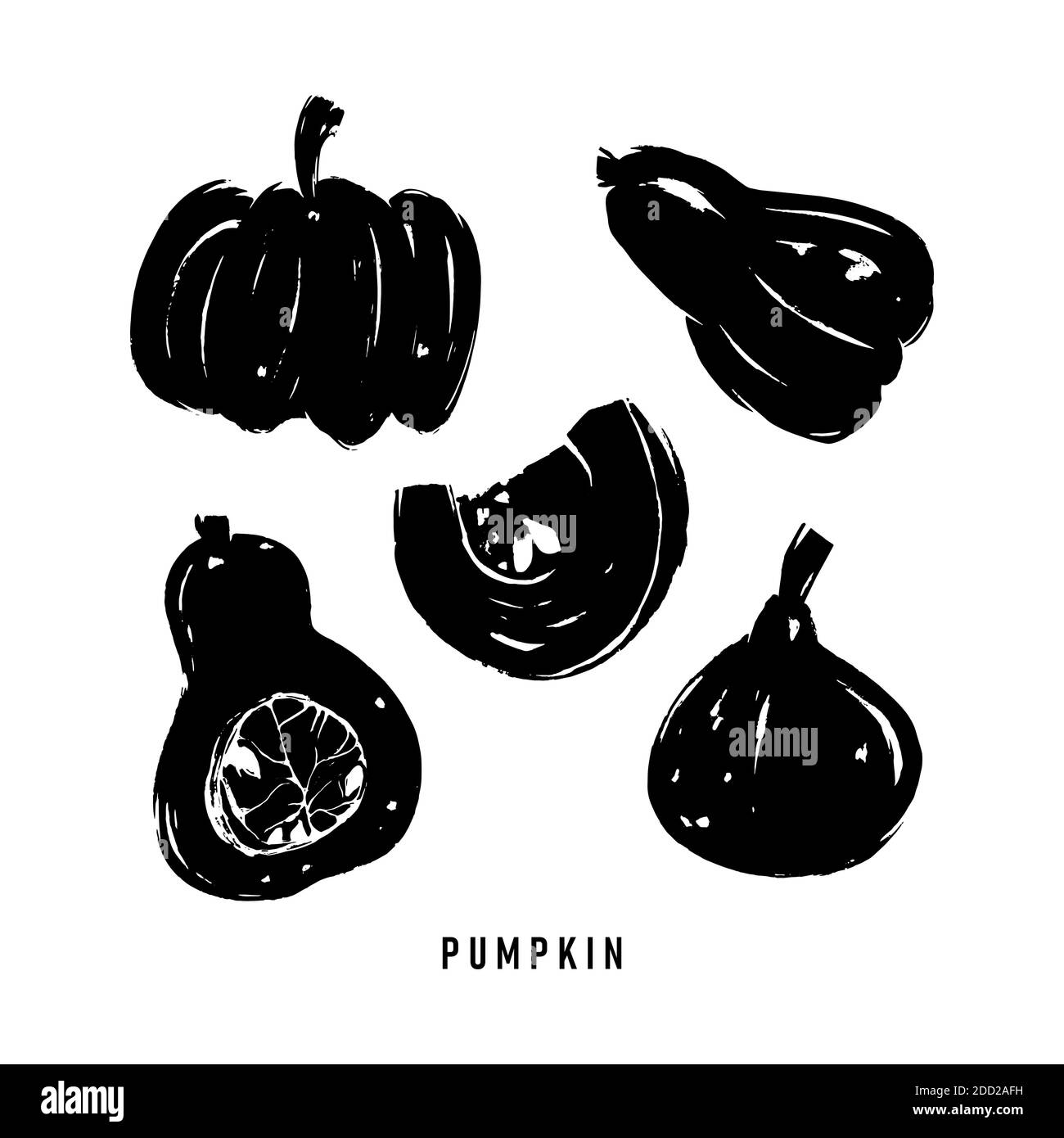 Set di semplici sagome nere di zucche. Effetto texture pennello asciutto. Illustrazione Vettoriale