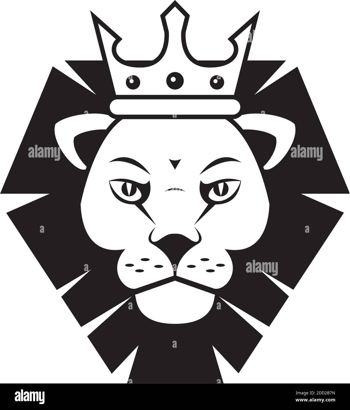 testa del re leone con rappresentazione vettoriale monocromo della parte anteriore della corona design Illustrazione Vettoriale