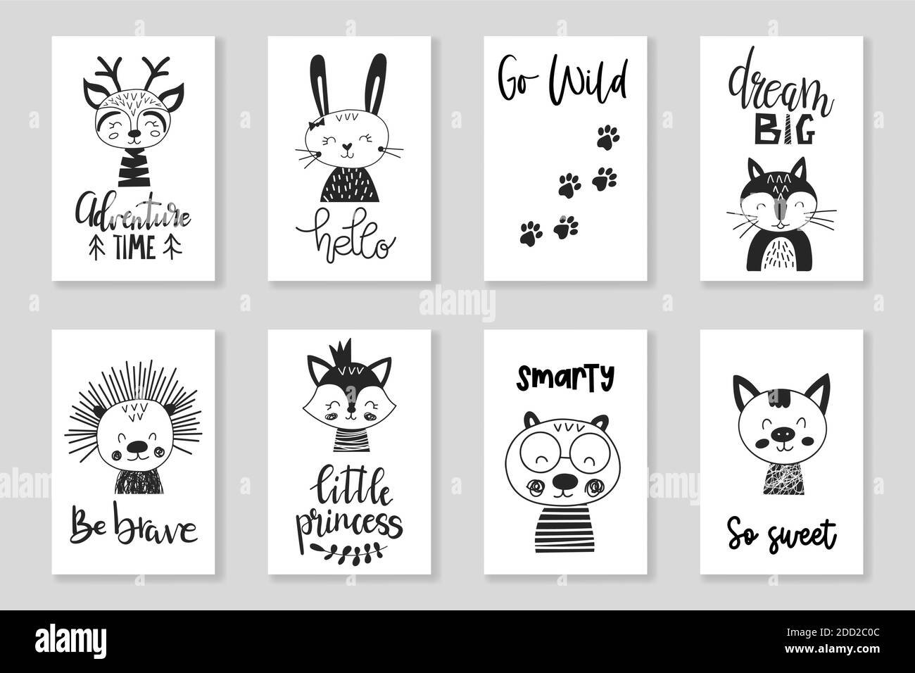 Set di graziosi animali monocromatici disegnati a mano in stile scandinavo con scritte ispiratrici. Modelli di illustrazione vettoriali per poster per vivai Illustrazione Vettoriale