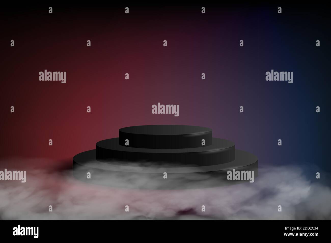 podio nero su sfondo blu scuro e rosso. Piedistallo del cilindro vuoto per esposizione prodotti, in ambienti con fumo o nebbia. Scena mistica con piattaforma Illustrazione Vettoriale
