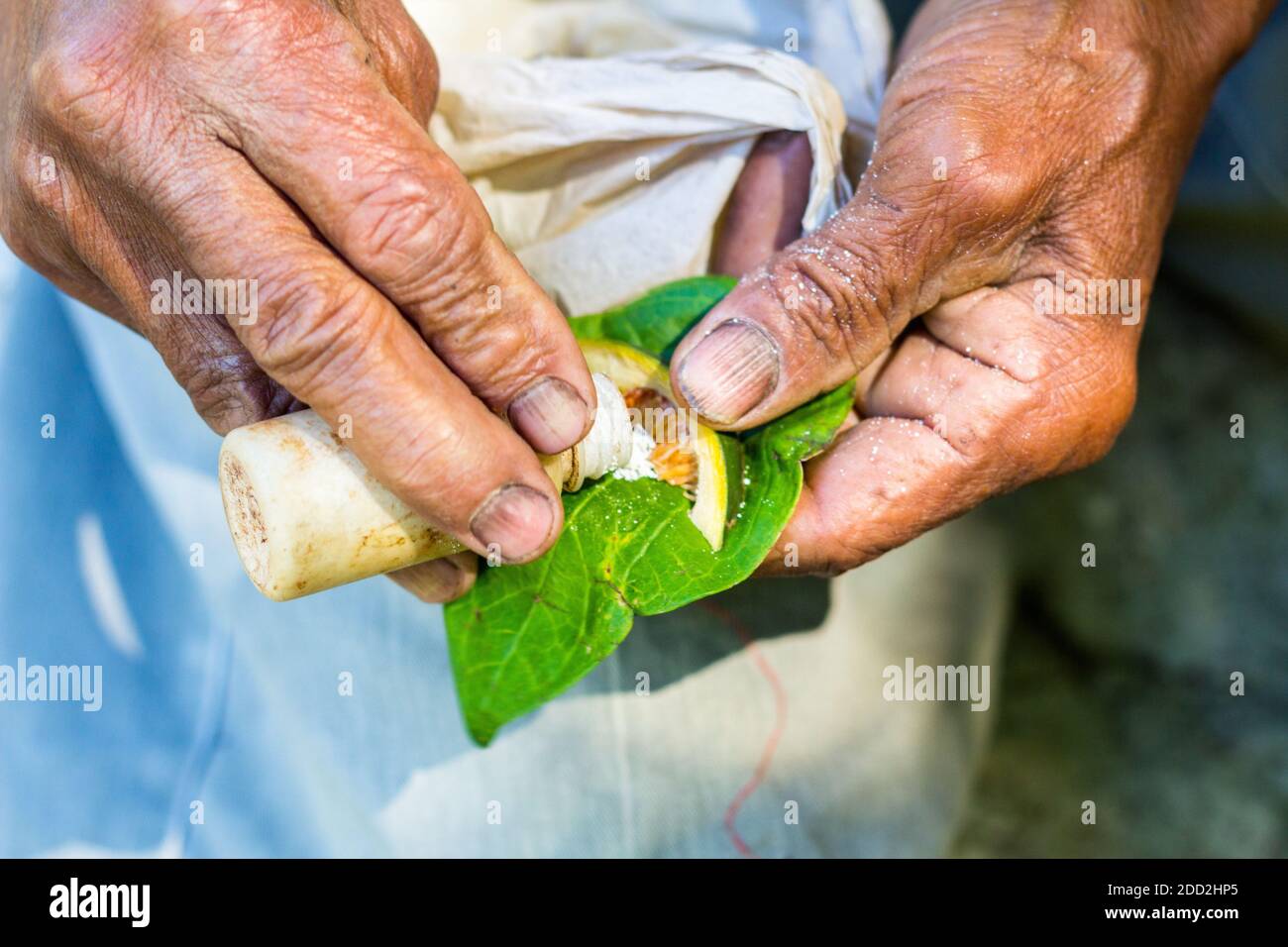 Un nativo di Abra che prepara i suoi ingredienti di noce di betel per masticare, una pratica tradizionale ad Abra, nelle Filippine Foto Stock