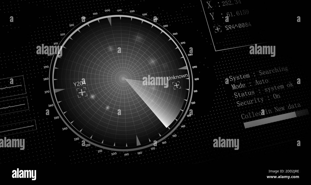 Velivoli nemici o navi rilevate dalla scansione radar, velocità dell'oggetto e monitoraggio della posizione. Scansione di oggetti tramite radar. concetto di risoluzione 4k. Foto Stock