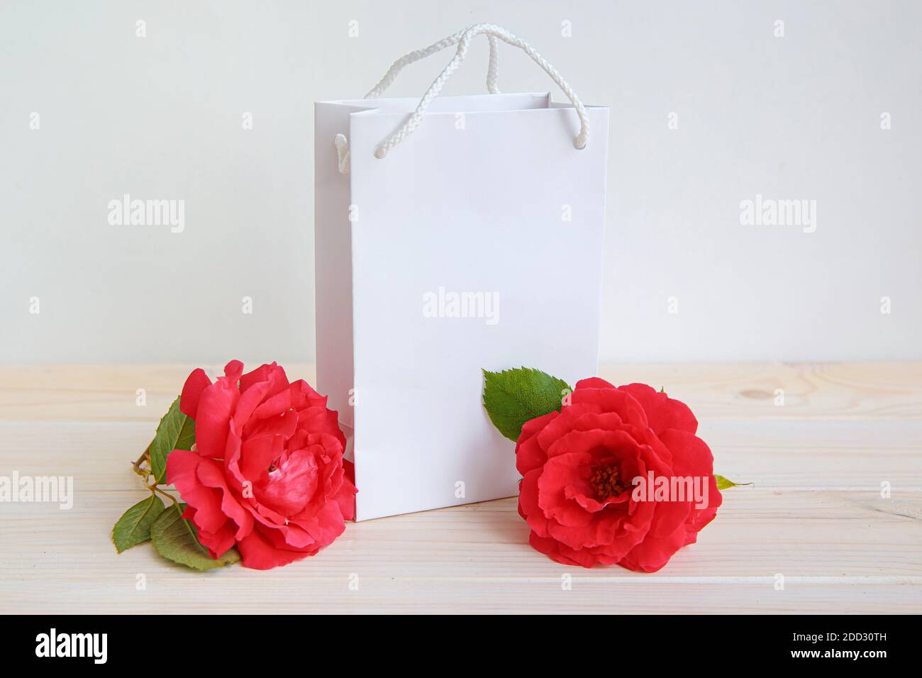 Rose rosse e borsa regalo. Vuoto per le cartoline. Posizionare per l'iscrizione sulla confezione. Foto Stock