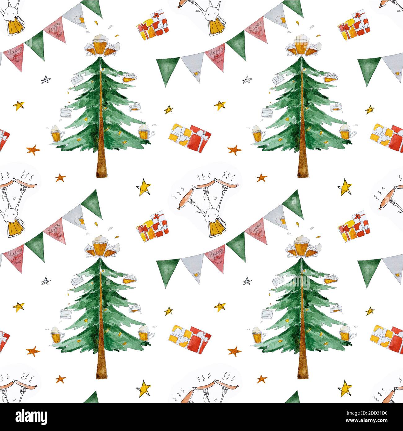 Acquerello Natale modello senza giunture con disegno a mano albero, bandiere, garaland, regali e pinte di birra. Sfondo festivo luminoso per i tessuti Foto Stock