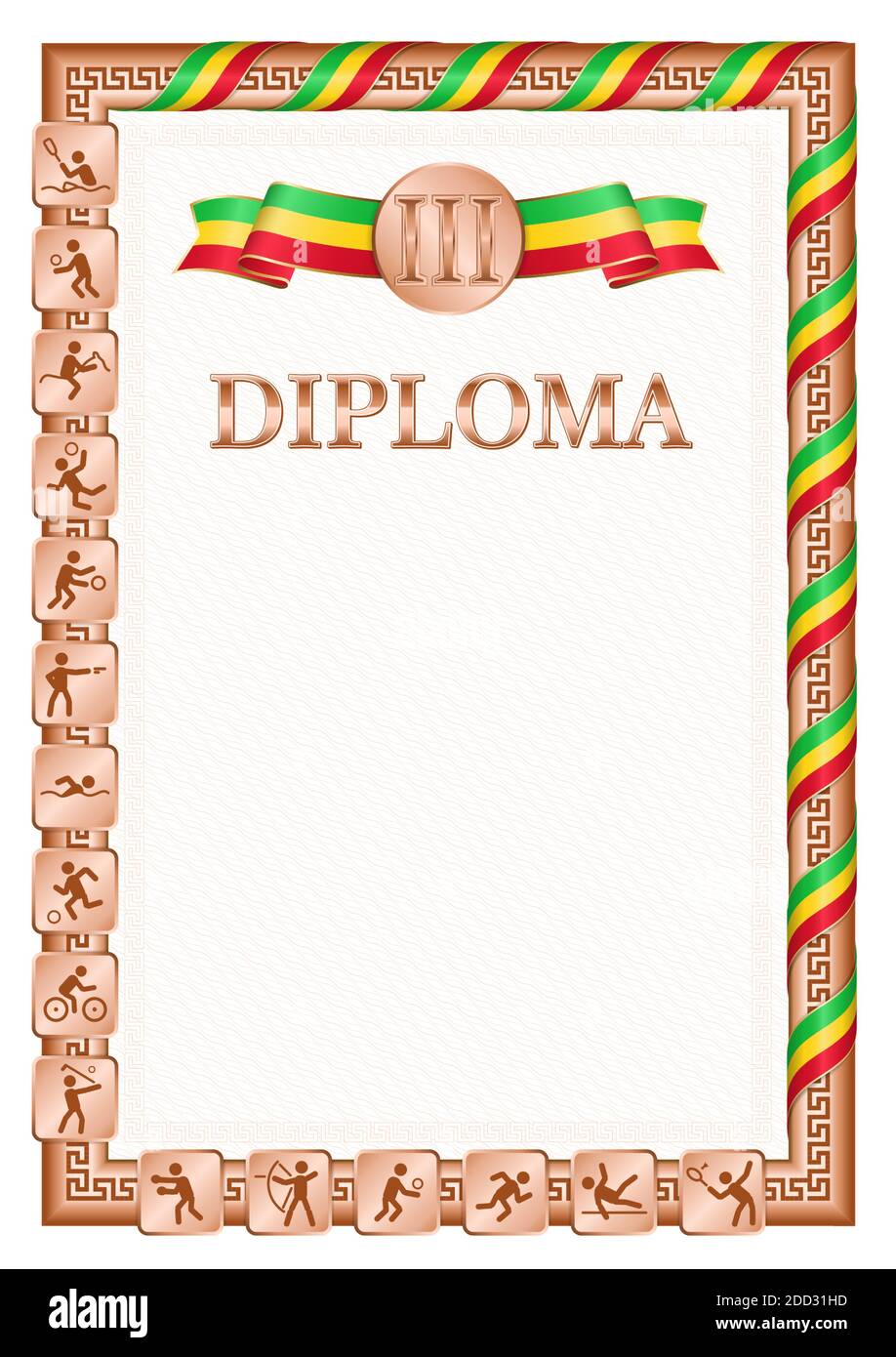 Diploma verticale per il terzo posto in una competizione sportiva, colore bronzo con un nastro il colore della bandiera del Mali. Immagine vettoriale. Illustrazione Vettoriale
