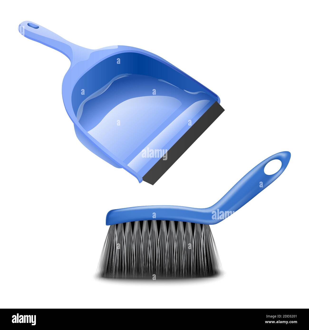 spazzola vettoriale 3d realistica da cucina o da bagno e paletta per la pulizia di polvere o rifiuti. Isolato su sfondo bianco. Illustrazione Vettoriale