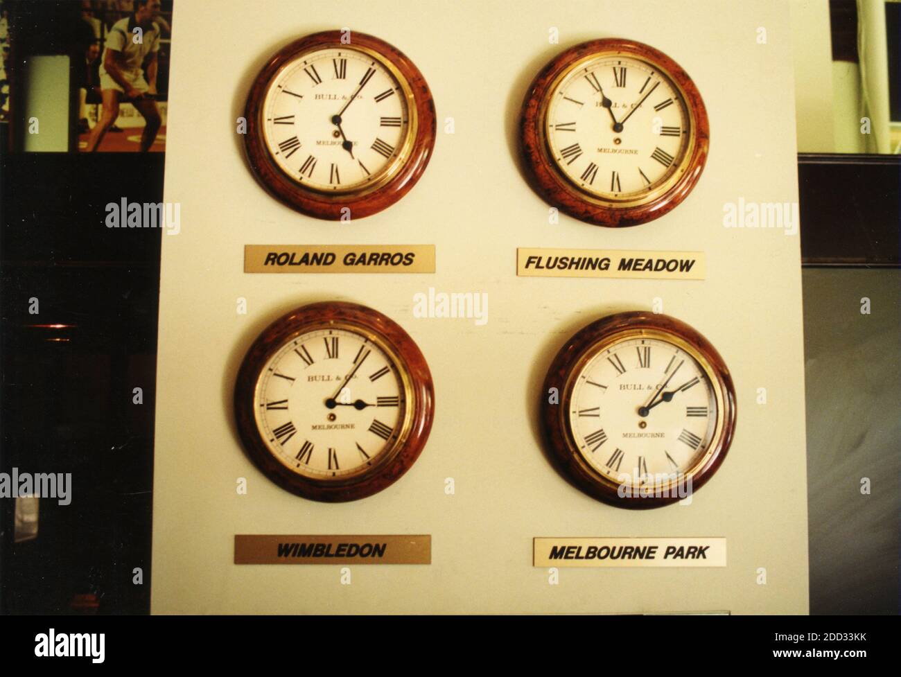 Orologi che indicano l'ora dell'Open of the Grand Slam, Kooyong Lawn Tennis Club, Australia 2001 Foto Stock