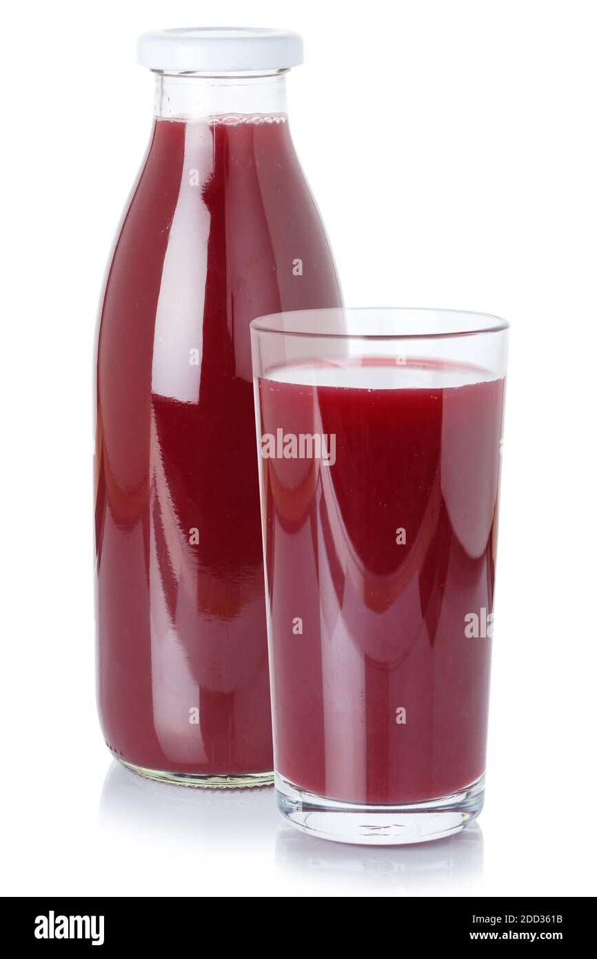Frullato di Berry succo fresco bere frutti di bosco in una bottiglia e. vetro isolato su sfondo bianco Foto Stock
