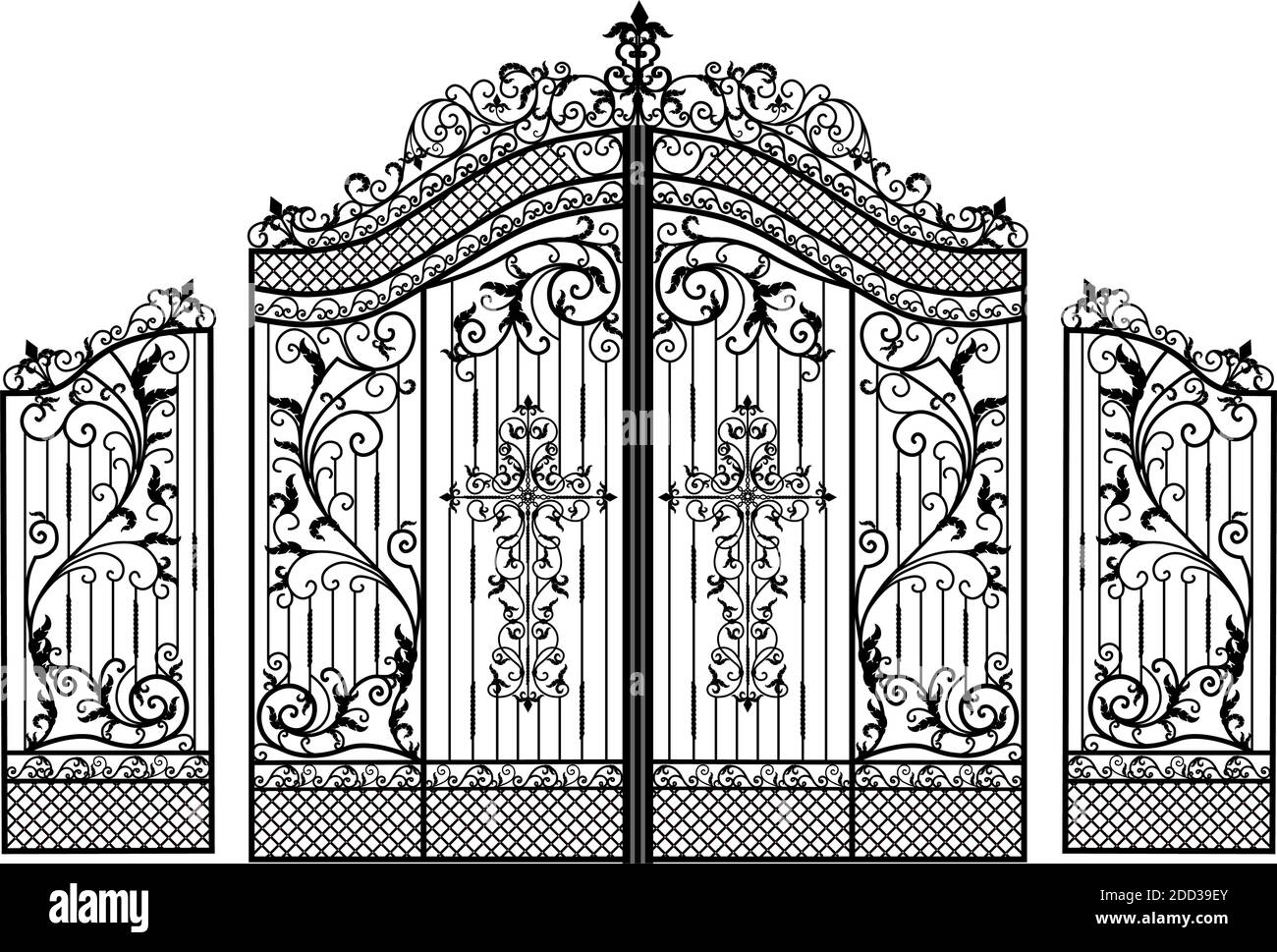 Cancelli in metallo forgiato. Schizzo. Stile Vittoriano. Forgiatura artistica. Recinzione.Porte per il tempio, la chiesa, croce cristiana. Ingresso zona anteriore Illustrazione Vettoriale