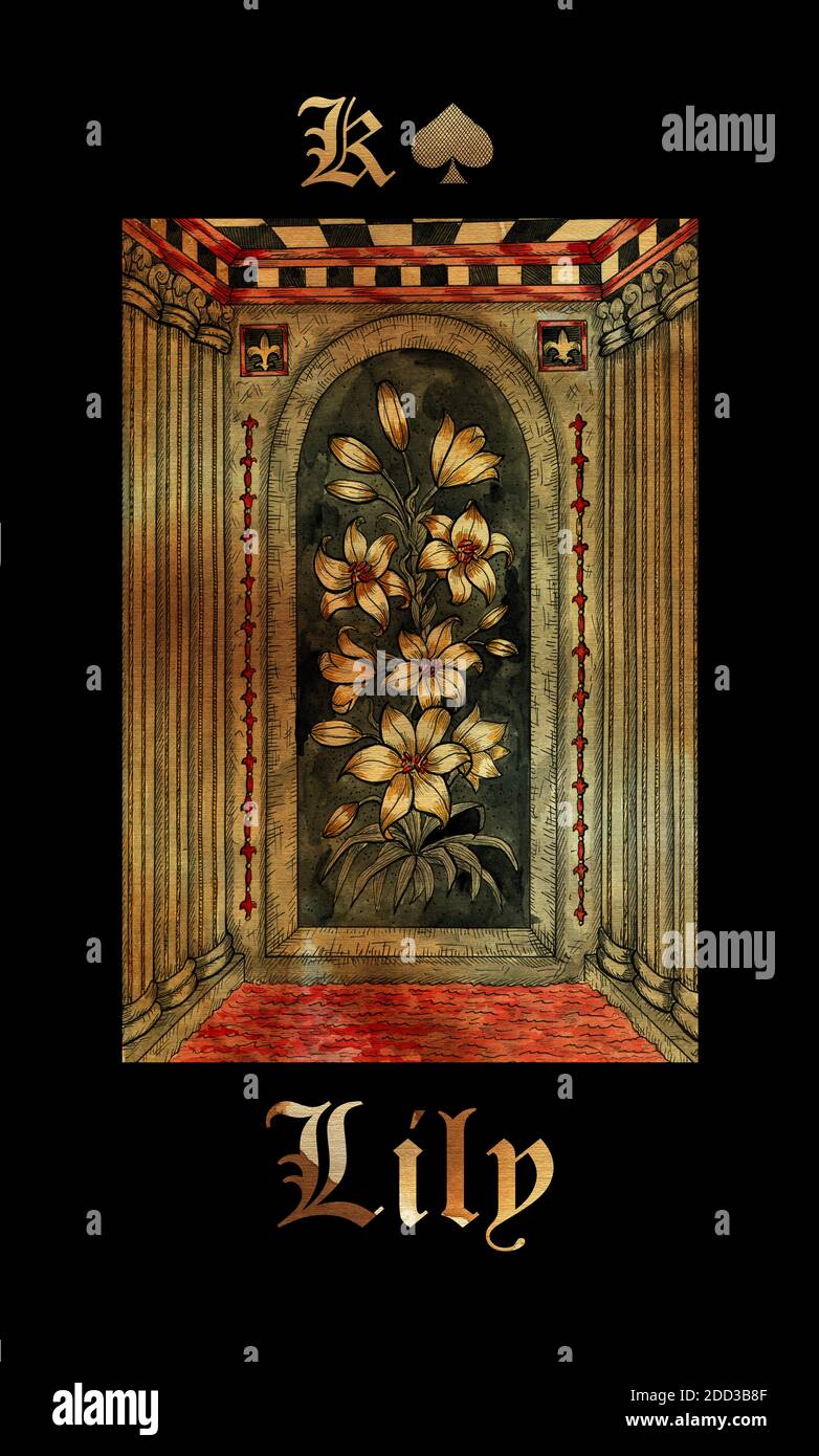 Lily. Carta dei misteri gotici del misteri del mazzo oracolo di Lenenmand. Illustrazione cartoon disegnata a mano. Fantasia e disegno mistico. Backgro gotico, occulto ed esoterico Foto Stock