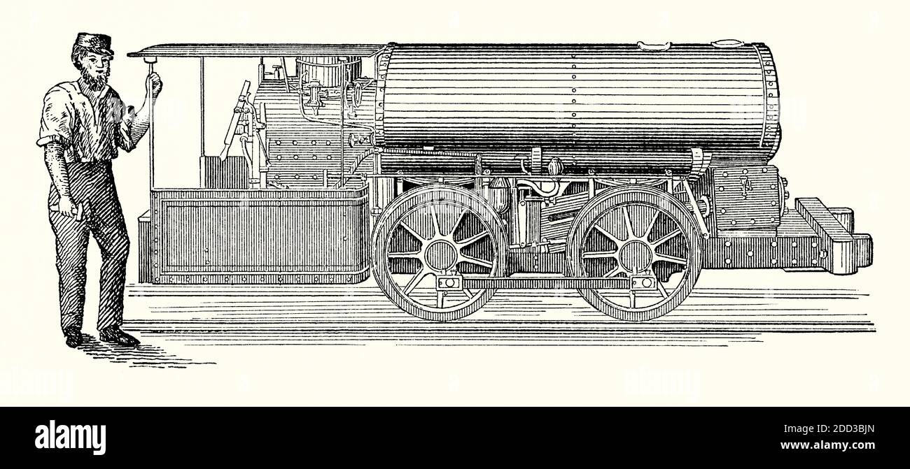 Una vecchia incisione di locomotiva a vapore progettata per l'uso nelle miniere. E 'da un libro di ingegneria meccanica vittoriana del 1880. Questo motore americano, la locomotiva ad azione diretta di Baldwin, lavorava su un calibro di 2 piedi 6 pollici e bruciava coke o antracite per il carburante. Una ferrovia mineraria (o ferrovia mineraria o ferrovia a pozzo), è una ferrovia costruita per trasportare materiali e lavoratori dentro e fuori una miniera. All'inizio su di rotaie di legno, ma alla fine aggiungendo il ferro protettivo, i carri sono stati trasportati da uomini (e bambini) o cavallo e asino. A volte locomozione a vapore da motori fissi fuori dalla miniera. Foto Stock