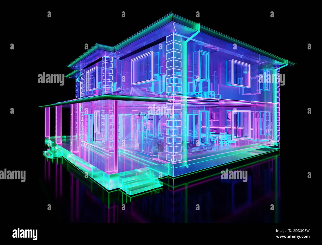 Edificio astratto in vetro a due piani con illuminazione al neon Foto Stock