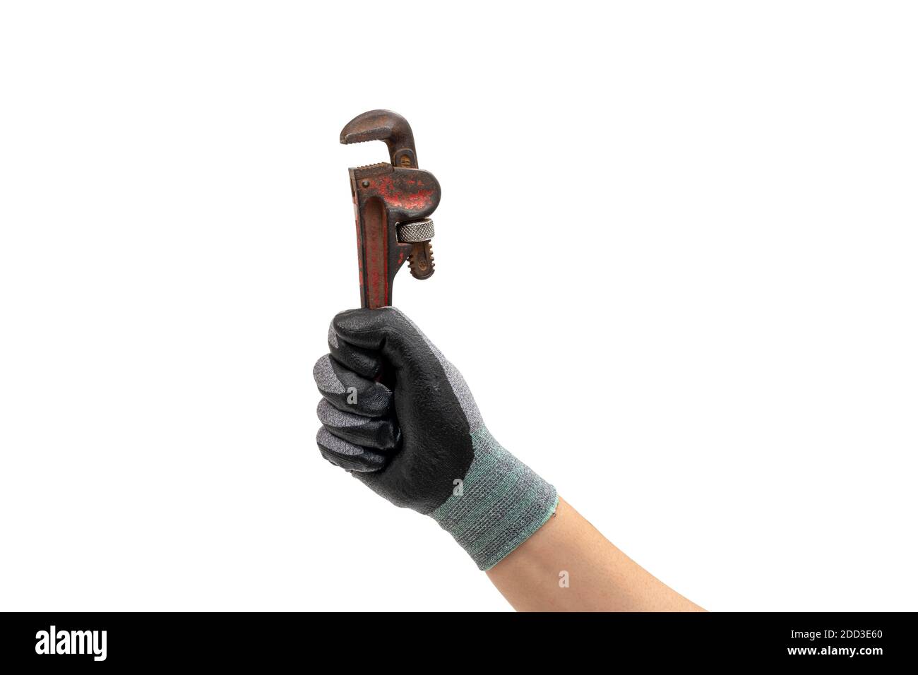 Mano di un uomo guanto che tiene una chiave a tubo. Sfondo bianco isolato. Foto Stock