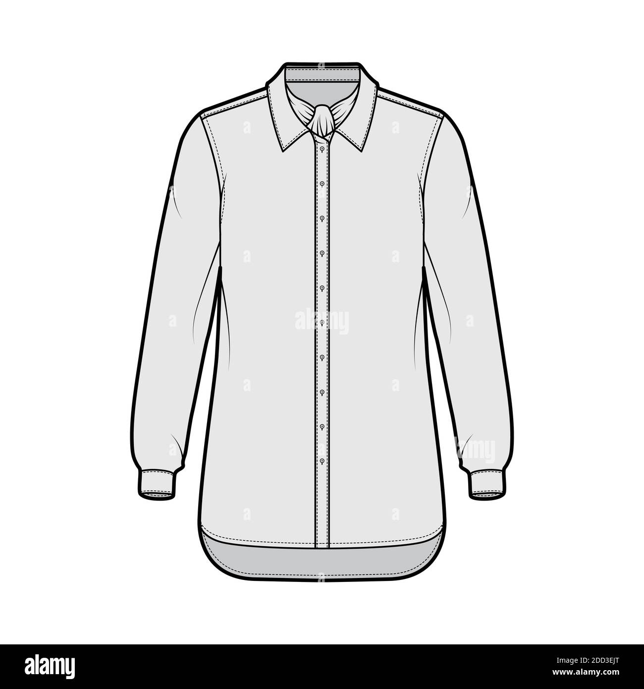 Camicia ascot striscia tecnica moda illustrazione con arco, maniche lunghe con polsino, oversize, bottoni-down, colletto regolare. Parte anteriore della dima piatta, colore grigio. Donna uomo unisex top CAD mockup Illustrazione Vettoriale