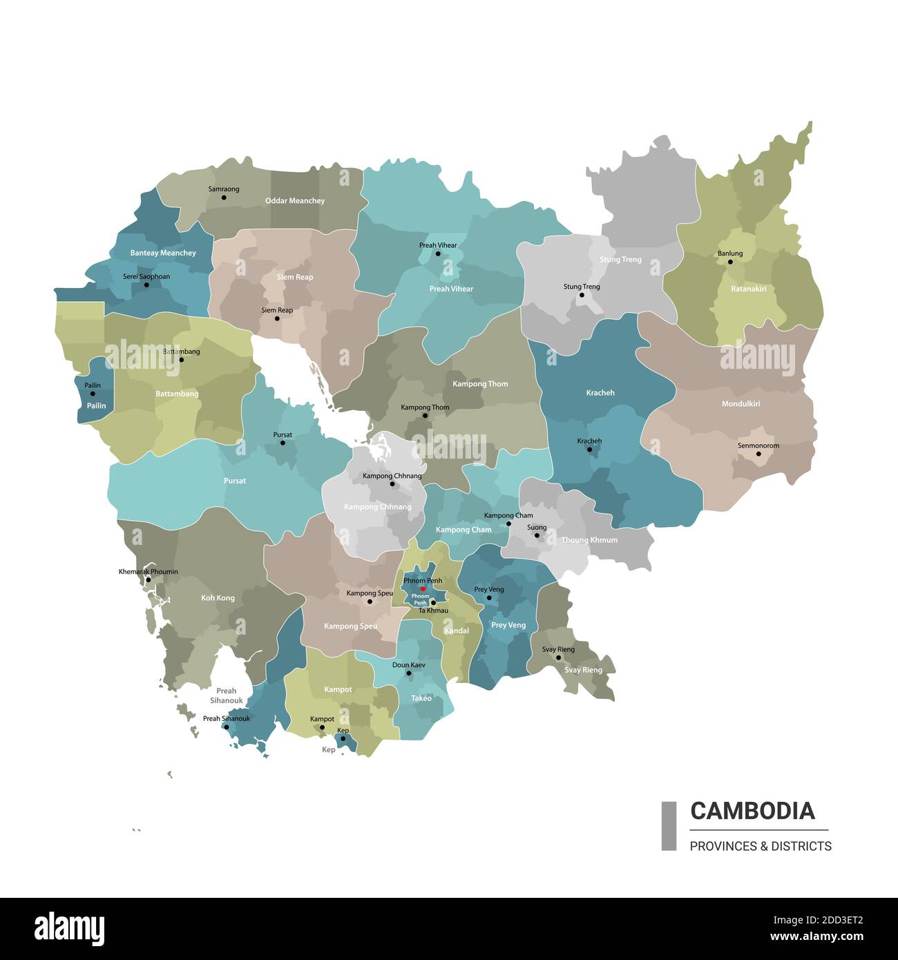 Cambogia Higt Mappa dettagliata con suddivisioni. Mappa amministrativa della Cambogia con i distretti e le città nome, colorato per stati e la dist amministrativa Illustrazione Vettoriale