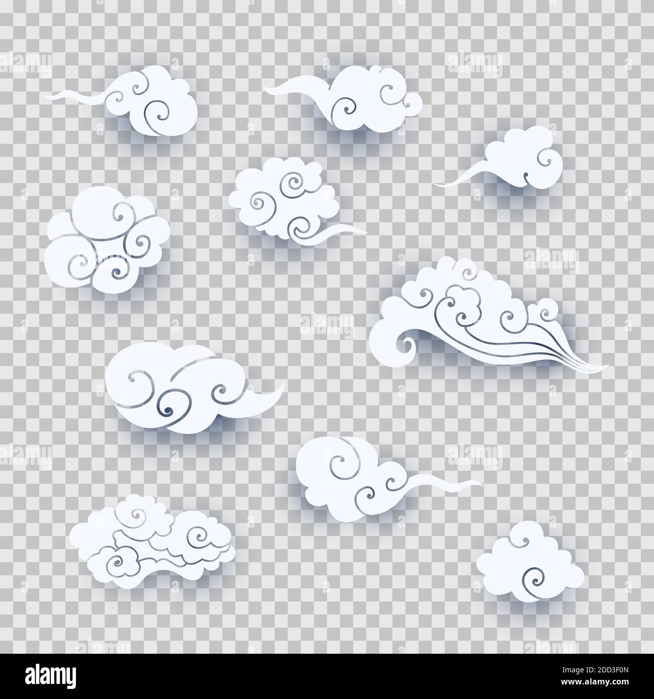 Collezione di nuvole asiatiche bianche. Set di nubi cartoni animati tagliati in stile cinese tradizionale. Illustrazione vettoriale degli elementi di progettazione per il branding Illustrazione Vettoriale