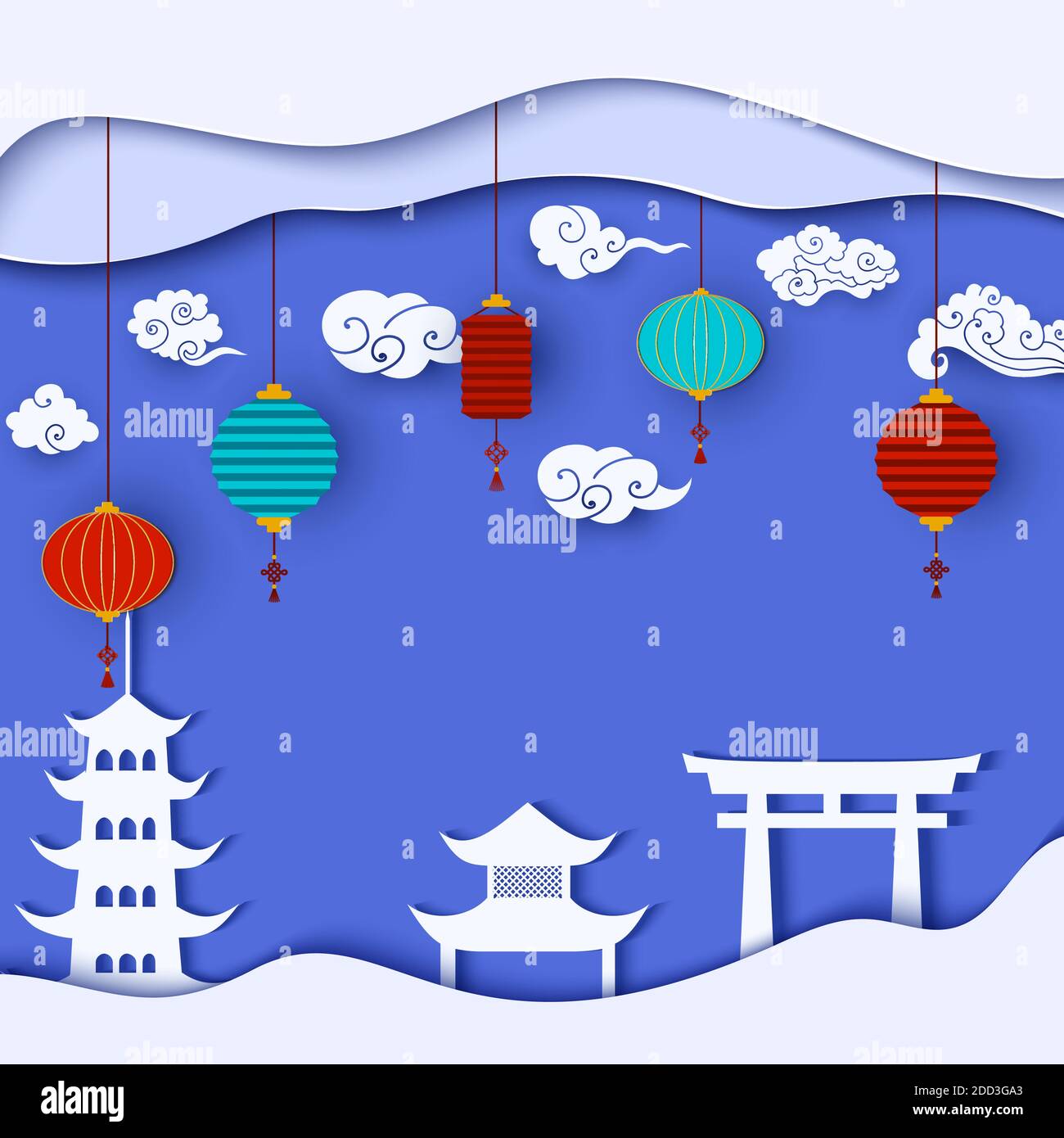 Carta cinese in stile orientale. Sfondo delle vacanze con la silhouette tradizionale dell'edificio, nuvole bianche e lanterne colorate su sfondo blu. Festivo Illustrazione Vettoriale