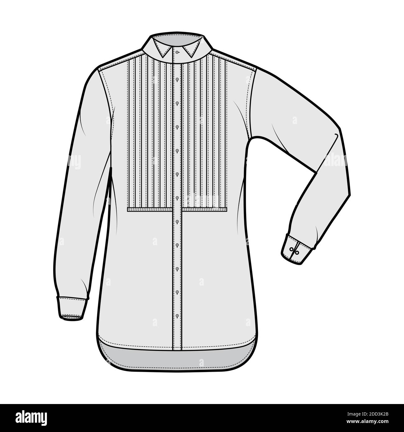 Camicia smoking abito tecnico moda illustrazione con plissettato pintocked bib, gomito piega maniche lunghe con polsino francese, collo ad ala. Modello piatto di colore grigio anteriore. Donna uomo unisex top CAD Illustrazione Vettoriale