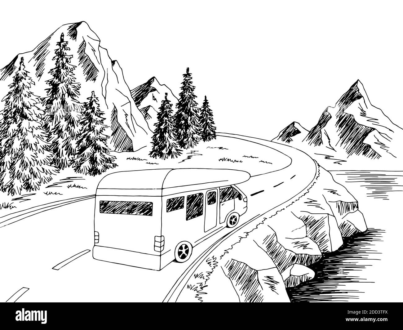 Camper viaggio strada grafica nero bianco paesaggio illustrazione vettore Illustrazione Vettoriale