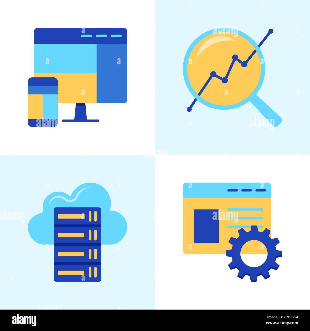 Icona di sviluppo del sito web impostata in stile piatto. Progettazione reattiva, monitoraggio dei progressi, ottimizzazione delle pagine e hosting dei simboli. Illustrazione vettoriale. Illustrazione Vettoriale